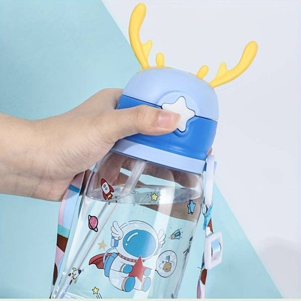 Cartoon Design Sippy Water Bottle and Shoulder Strap for Students and Children, Boy, girl
