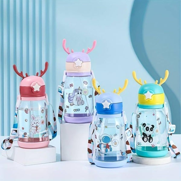 Cartoon Design Sippy Water Bottle and Shoulder Strap for Students and Children, Boy, girl