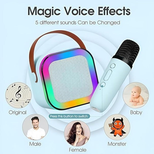 Wireless Mini Portable Bluetooth Speaker with Mike, 5Hrs Playtime Light & Voice Effects Multi Play Modes K12/TF Card/USB/Type C Fast Charging Port
