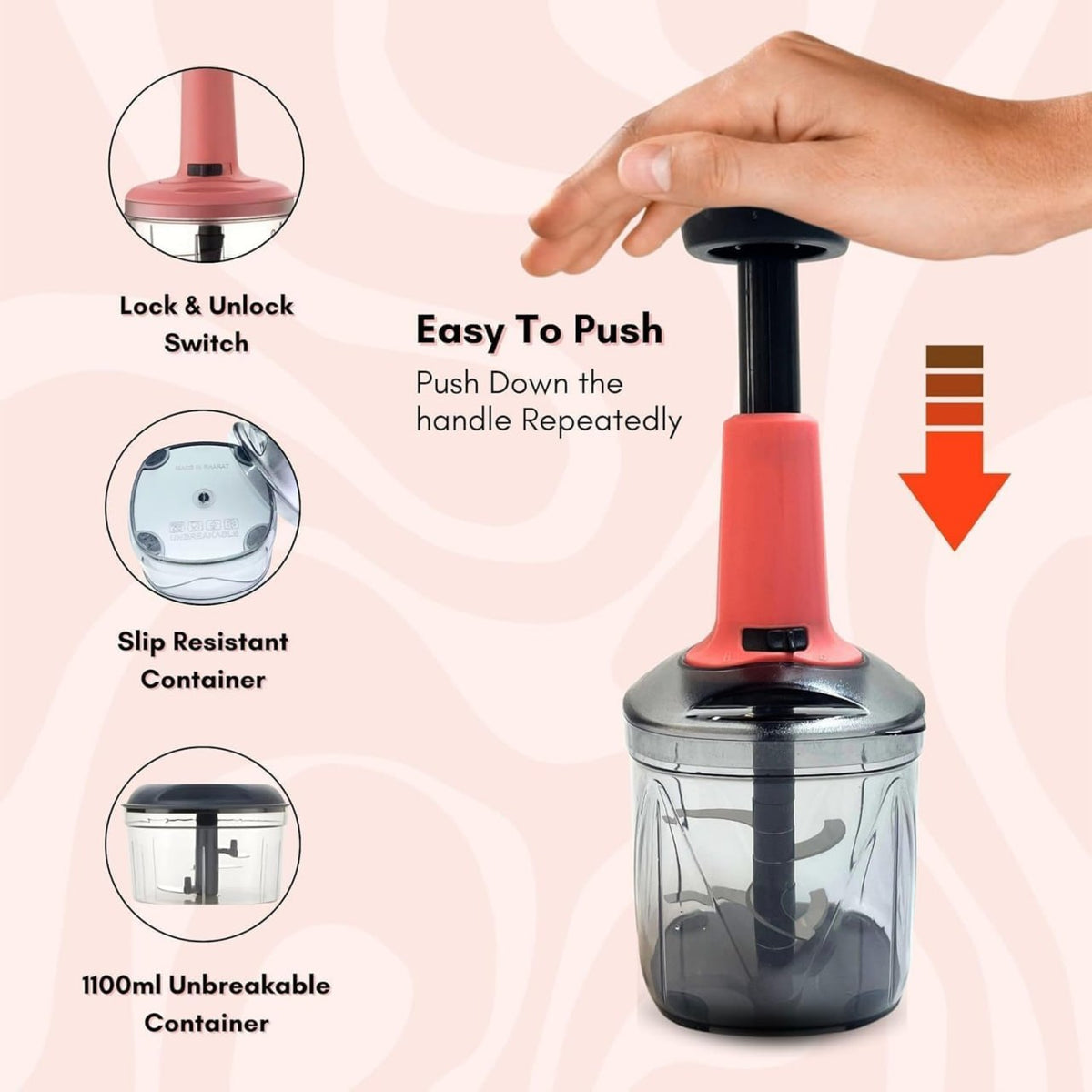 Push Chopper 1100ml | Multi-Purpose Vegetable, Onion, and Garlic Chopper, Efficient Manual Kitchen Cutter