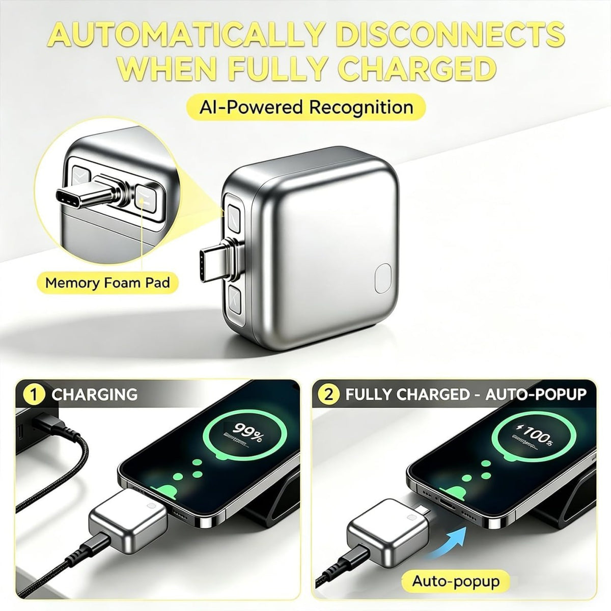 Smart Auto Disconnect Charger with USB-C Cable, 140W Auto Shut Off Phone Charger, Full Charge Disconnector